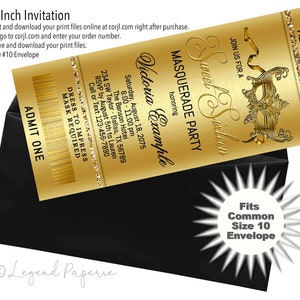 Sweet Sixteen Masquerade Party Invitations: Gold Mask Ticket (4x9 Inch)