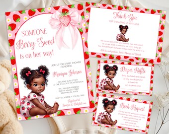 Strawberry Baby Shower Invitation Bundle Girl – Editable Berry Sweet Corjl Template Set