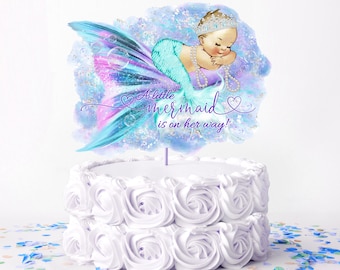 Mermaid Baby Shower Cake Topper: Blonde Baby Girl (Digital File)