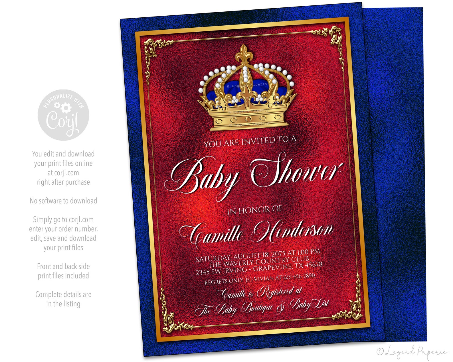 Royal Prince Baby Shower Invitationsred Blue Gold Baby Shower Etsy