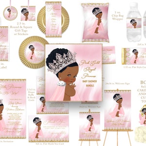 Pink Gold Afro Princess Baby Shower Bundle: Invitation, Stickers