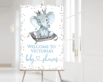 Elephant Prince Baby Shower Welcome Sign: Silver Glitter (24x36 inches)