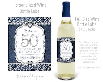 Etiquetas de vino para cumpleaños de Denim & Diamonds (Descarga digital)