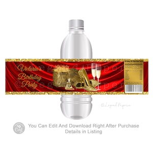 Red and Gold Birthday Water Bottle Labels (Digital File)
