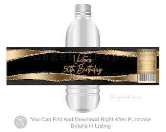 Black & Gold Agate Man's Birthday Water Bottle Labels (Digital File)
