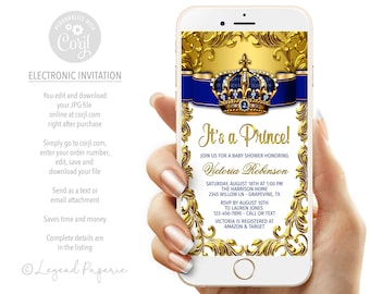 Prince Baby Shower Invitation: Royal Blue Gold (Text)