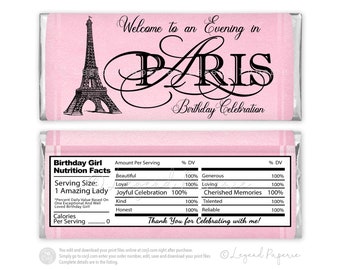 Pink Paris Birthday Candy Bar Wrappers (Digital File)