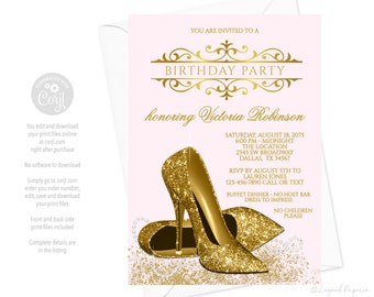 Womans Pink Gold Birthday Party Invitations,Pink Gold Birthday Party Invitations,Gold Shoe,Gold High Heel Shoes,Pink Gold Quinceanera,BP1