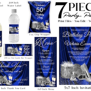 May include: A 7-piece printable party pack for a 50th birthday celebration. The set includes a 4x5 inch wine label, a 2x8 inch water label, a 1 oz chip wrapper, a 1.55 oz flat candy bar wrapper, a 4x6 inch thank you card, a 4x9 inch menu, and a 5x7 inch invitation. The design features a blue satin background with silver glitter accents and a pair of silver high heels with champagne flutes.