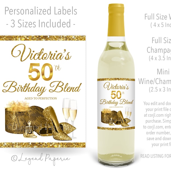 Womans White Gold Birthday Wine Bottle Labels,Any Number Birthday,Womans 50th Birthday Wine Labels,Wine Labels,Gold High Heel Shoes,WB6