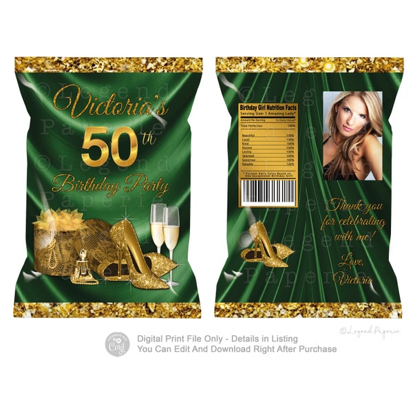 Womans Green Gold Birthday Chip Bag,Any Number,Emerald Green Gold Chip Bag,Gold Shoe,50th,60th,70th,Green Gold Chip Bag,Emerald Green,WB7