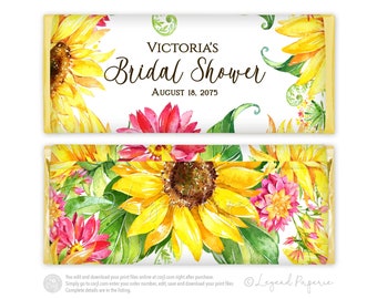 May include: A printable design for a chocolate bar wrapper featuring a watercolor illustration of sunflowers and pink flowers with the text "VICTORIA'S Bridal Shower AUGUST 18, 2075".