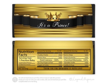 Prince Baby Shower Candy Bar Wrapper: Black & Gold Crown (Digital File)
