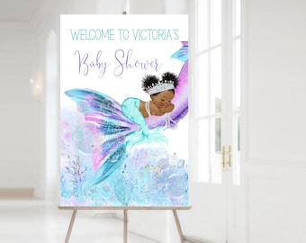 Afro Mermaid Baby Shower Welcome Sign: Under The Sea Theme