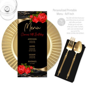 Menús Rojo, Negro y Dorado, Menús Negro, Rojo y Dorado, Menú Rojo y Dorado, Cumpleaños Rojo, Negro y Dorado para Mujer, Cumpleaños Rosa Roja, Menús, Menú Rojo y Negro, A1