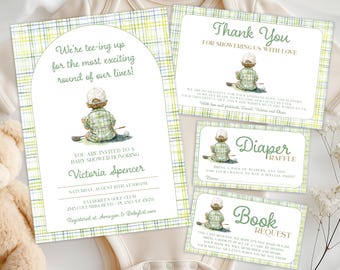 Golf Baby Shower Invitation Bundle for Boy – Green Plaid Golf Theme – Editable Instant Download