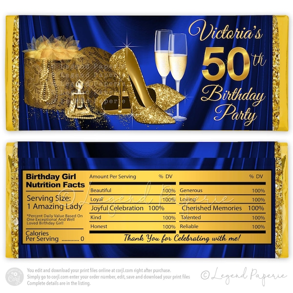 Womans Royal Blue Gold Birthday Candy Bar Wrappers,Gold High Heel Shoes,Any Number,Candy Bar Wrapper,Womans Birthday Candy Bar,Wrapper,WB1