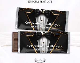 Black Gold Tuxedo Candy Bar Wrapper, Editable Birthday Label (Digital Download) TUXBG-01