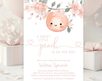 May include: A pink and white baby shower invitation with a peach illustration and the text "A Sweet Little Peach is on her way!"  Join us for a baby shower honoring Victoria Spencer. Saturday, August 18th at 1:00 pm. 4567 W Grove Street - Savannah, CA 67890. RSVP to Jenna by August 10th at 123-456-7890. Victoria is registered at Amazon & Babylist.