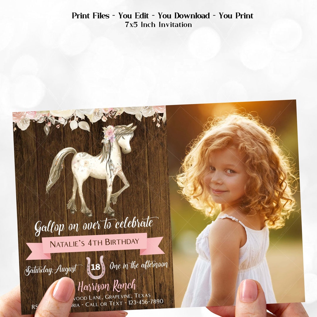 Girl Horse Birthday Party Invitation, Horse Birthday Invitation, Girl Photo Birthday Invitations