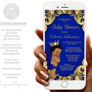 Invitación electrónica para baby shower de Príncipe Afro: Azul rey y dorado (SMS)