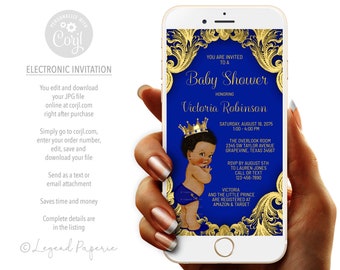 Afro Prince Baby Shower Electronic Invitation: Royal Blue & Gold (SMS)