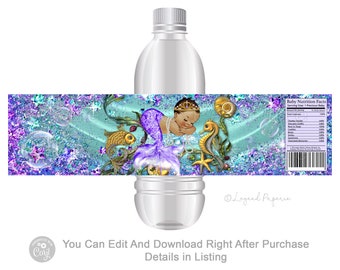 Ethnic Mermaid Baby Shower Water Bottle Labels: Purple & Teal (Digital File)