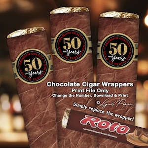 May include: Three printable chocolate cigar wrappers with a gold and black label that says "Premium Quality 50 Years Aged to Perfection". The wrappers are designed to be placed over a chocolate cigar, such as a Rolo.
