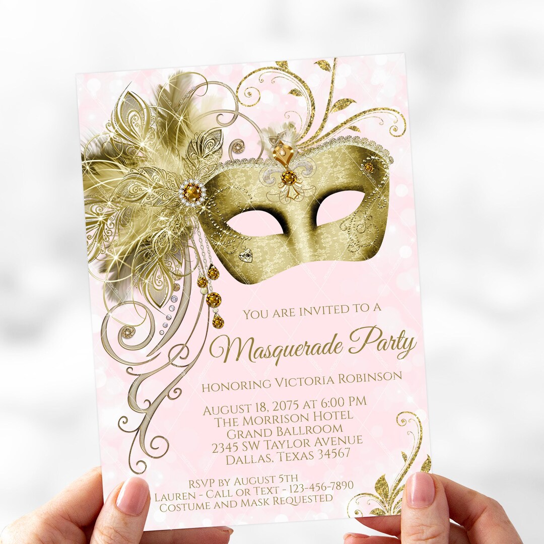 Pink Gold Masquerade Party Invitations,masquerade Party,elegant Pink Gold Masquerade Party Invitations,masquerade Party,elegant