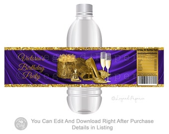 Womans Purple Gold Birthday Water Bottle Labels,Purple Gold Water Bottle Labels,Gold Shoe Water Bottle Labels,Womans Retirement,Purple,WB2