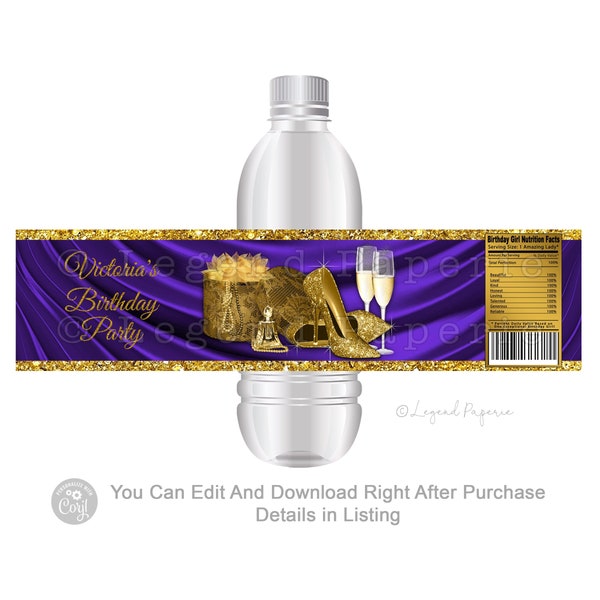 Womans Purple Gold Birthday Water Bottle Labels,Purple Gold Water Bottle Labels,Gold Shoe Water Bottle Labels,Womans Retirement,Purple,WB2