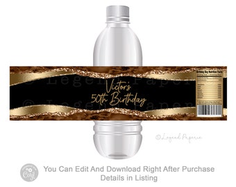 Black & Gold Agate Birthday Water Bottle Labels (Digital File) mr1