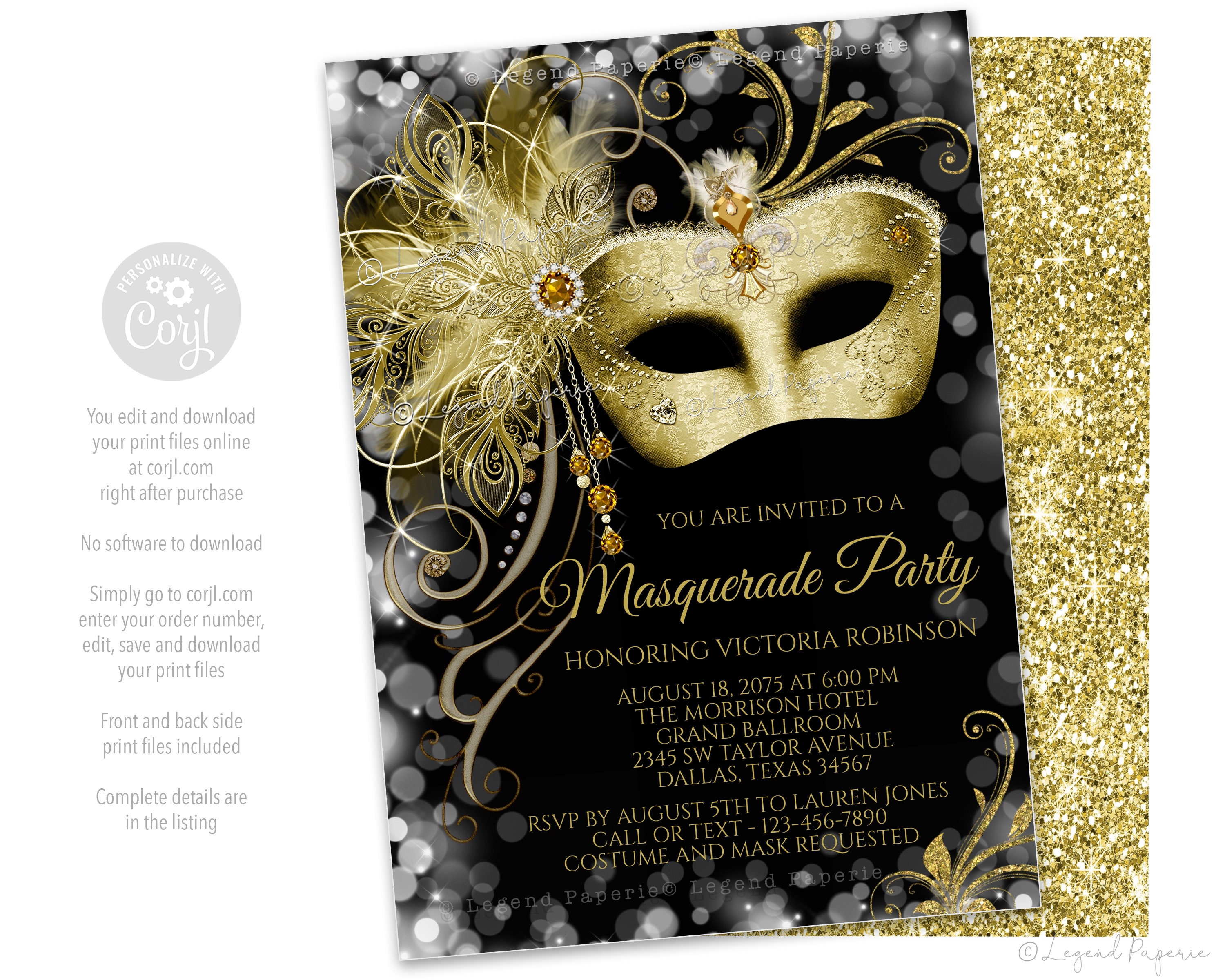 Black Gold Masquerade Party Invitationswoman Masquerade Etsy Denmark