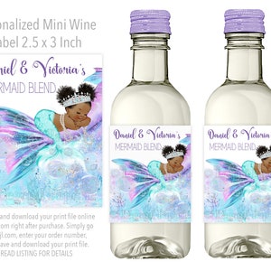 Mermaid Baby Shower Wine Bottle Labels,Afro Mermaid Baby Shower,Afro Mermaid Wine Labels,Mermaid Mini Wine Labels,Mermaid Baby Shower,TMT1