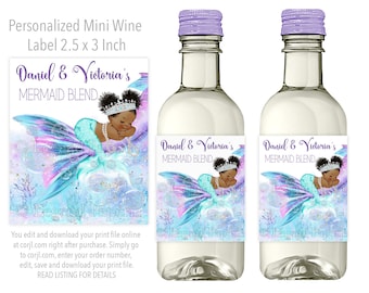 Mermaid Baby Shower Wine Bottle Labels,Afro Mermaid Baby Shower,Afro Mermaid Wine Labels,Mermaid Mini Wine Labels,Mermaid Baby Shower,TMT1