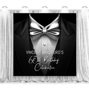Smoking Backdrop - Großer Digitaler Party Hintergrund | Schwarz und Silber Thema, Tuxedo Party Kulissen, bearbeitbar für jede Veranstaltung auf Corjl, X9
