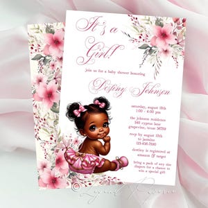 Baby Girl Ruffle Pants Baby Shower Invitation, Afro Puff Baby Shower Invitations, Afro Puff Girl Baby Shower, Girl Ruffle Pants Baby Shower