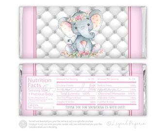 Girl Elephant Baby Shower Candy Bar Wrapper (Digital File)