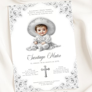 Charro Baptism Invitation for Boy – White and Silver Catholic Christening Template