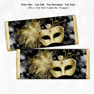 Masquerade Party Candy Bar Wrapper, Black Gold Masquerade Party, Black Gold Masquerade Birthday Party, Masquerade Prom, Masquerade , MS1