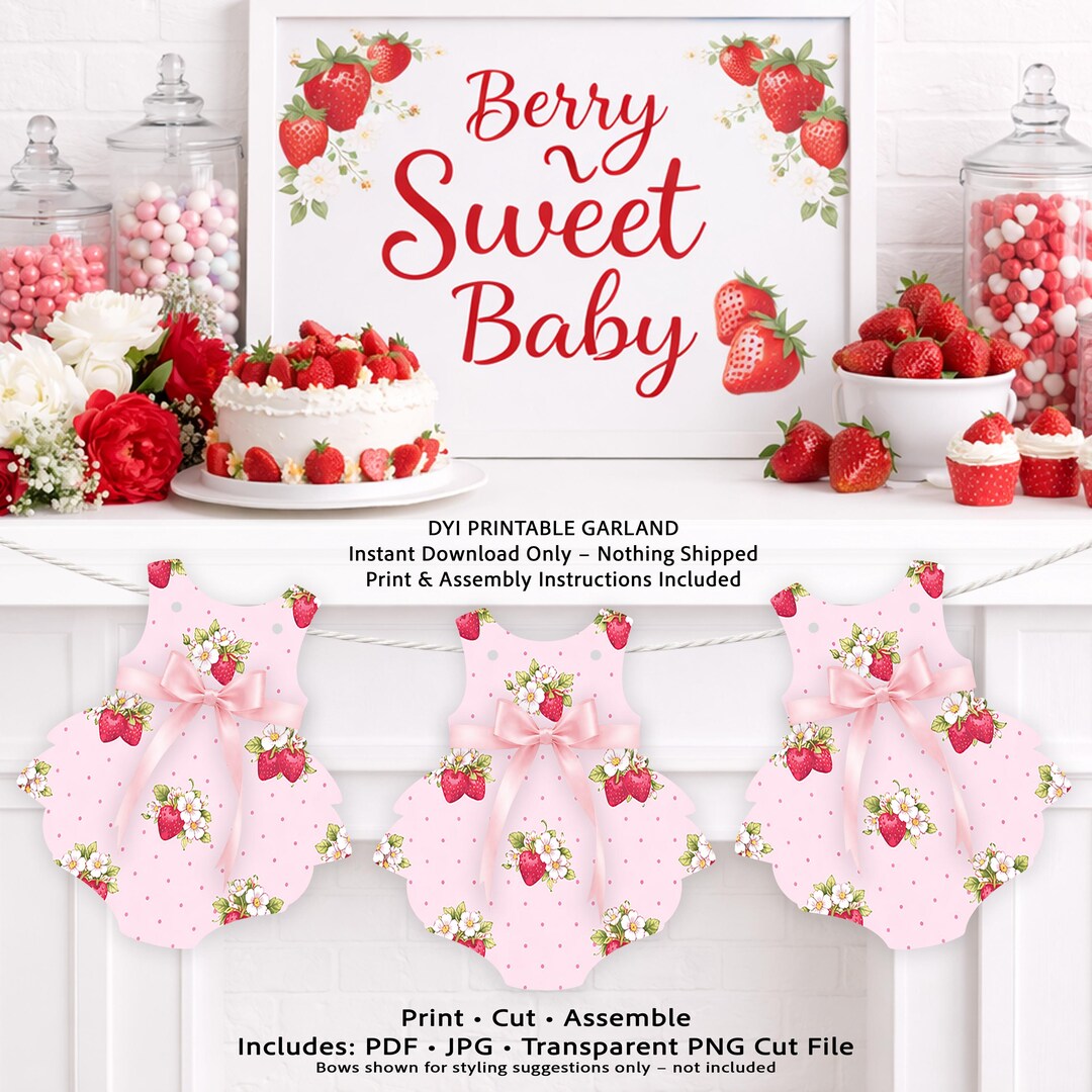 Strawberry Baby Garland, Pink Ruffle Dress Banner, Berry Sweet Shower ...
