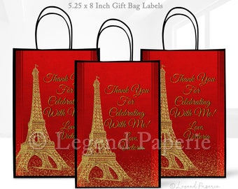 Etiquetas para bolsas de regalo de París: Torre Eiffel dorada, purpurina roja (archivo digital)