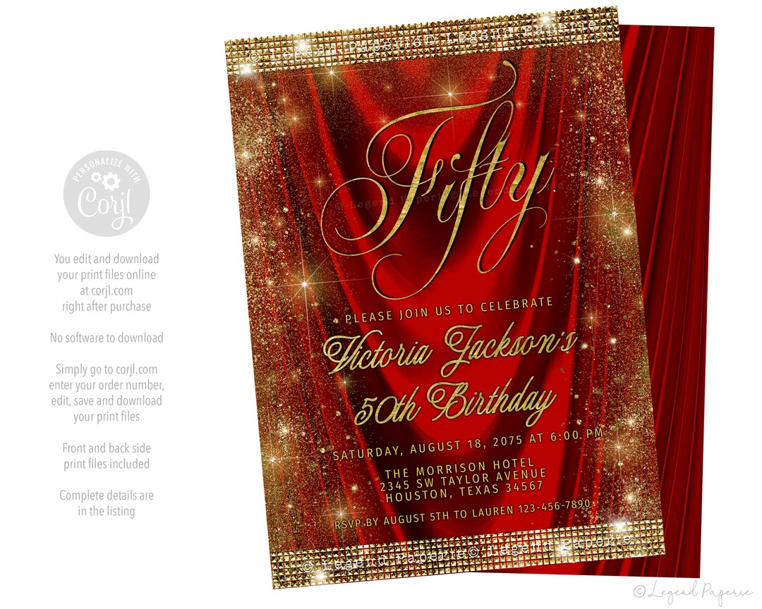 Womans Red Gold Birthday Invitations,red Gold Invitations,glam Birthday
