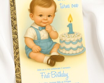 Vintage Storybook First Birthday Invitation – Boy’s Book Theme Party Template, LS1