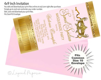 Pink & Gold Masquerade Sweet 16 Invitation (4x9 Inch)
