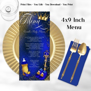 Prins babyshowermenu's, koningsblauwen goudkleurige babyshowermenu's prins, blauwgouden babyshowermenu's, prinsmenu's, babyshowermenu's jongens, PT1