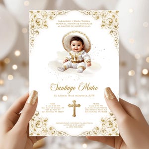 White & Gold Charro Baptism Invitation: Mexican Cowboy, Editable Corjl Template (Digital Download 5x7&quot;)