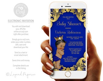 Electronic Prince Baby Shower Invitation: Royal Blue & Gold (Text Message/SMS)