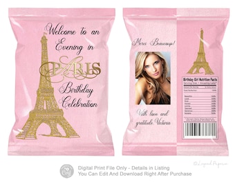 Envoltorio para bolsa de patatas fritas con diseño de cumpleaños en París: Torre Eiffel rosa y dorada (Descarga digital)
