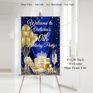 Womans Royal Blue Gold Birthday Party Welcome Sign, Womans Royal Blue Gold Birthday Party, Womans Royal Blue Gold Birthday Sign, Shoe, BN24S